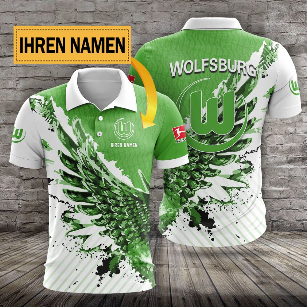 VfL Wolfsburg Poloshirt Flügel Design mit individuellem Namen Grün