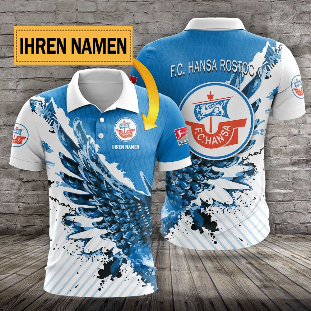 FC Hansa Rostock Poloshirt mit individuellem Namen Flügel Design Blau
