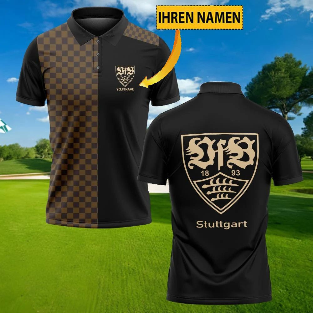 VfB Stuttgart Poloshirt mit individuellem Namen Karomuster Schwarz