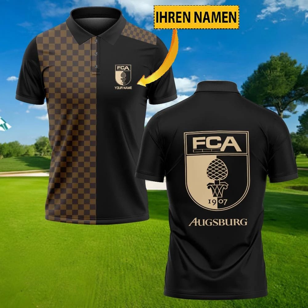 FC Augsburg Poloshirt Karomuster mit individuellem Namen Schwarz