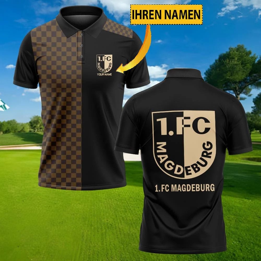 FC Magdeburg Poloshirt mit individuellem Namen Karomuster Schwarz