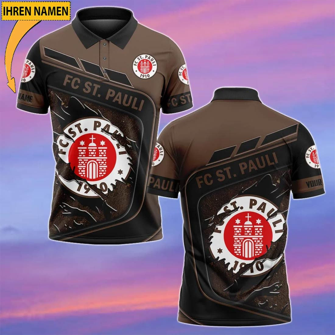FC St. Pauli Poloshirt Neue Edition mit individuellem Namen Braun