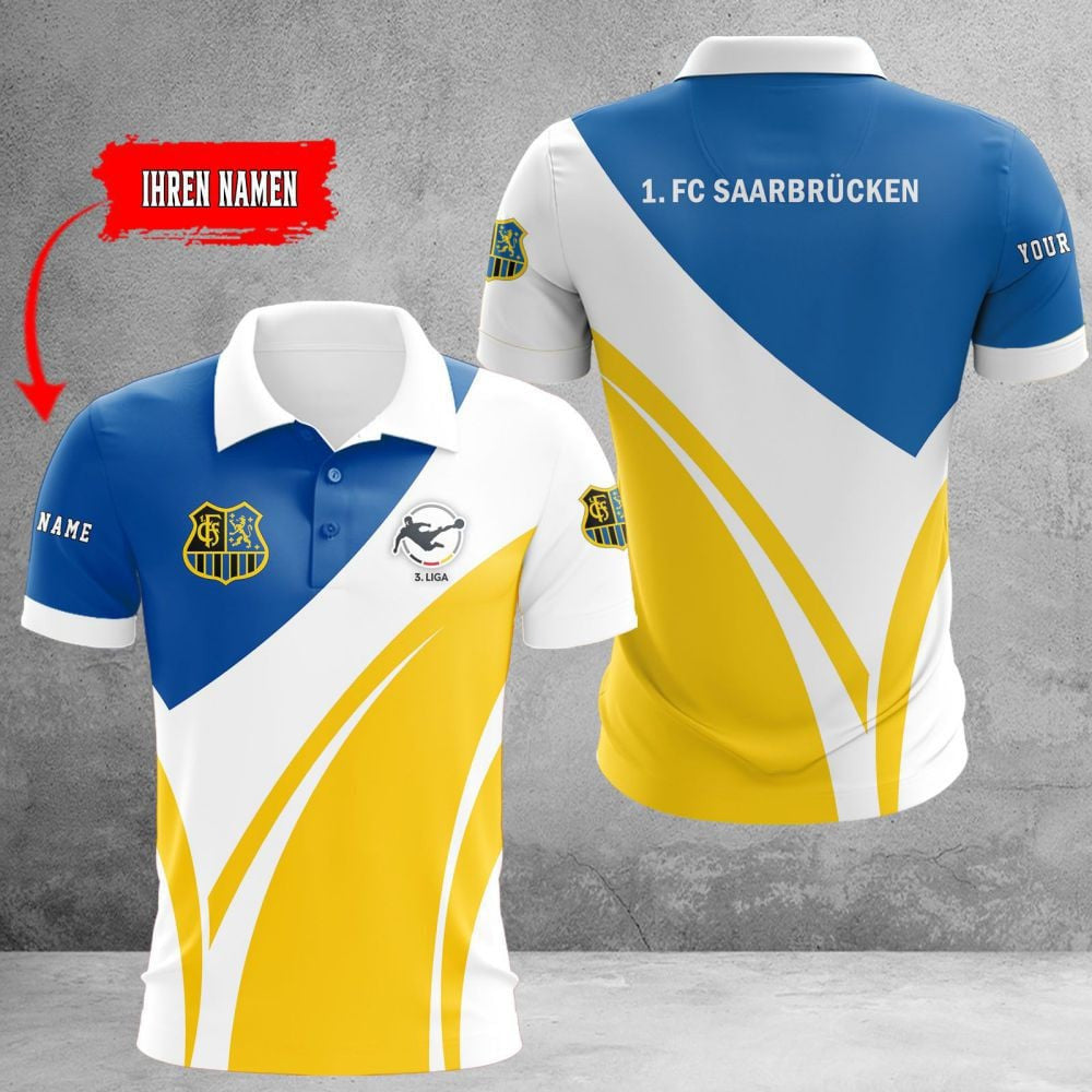 FC Saarbrücken Poloshirt Weiche Rundungen Design mit individuellem Namen Blau Gelb Weiß