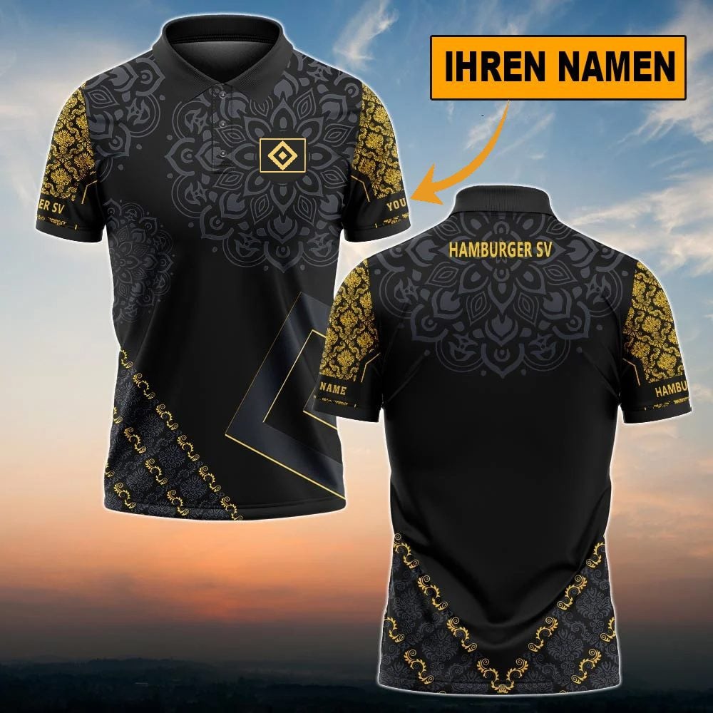 Hamburger SV Poloshirt mit individuellem Namen Blumen Design Vollflächig Bedruckt Schwarz