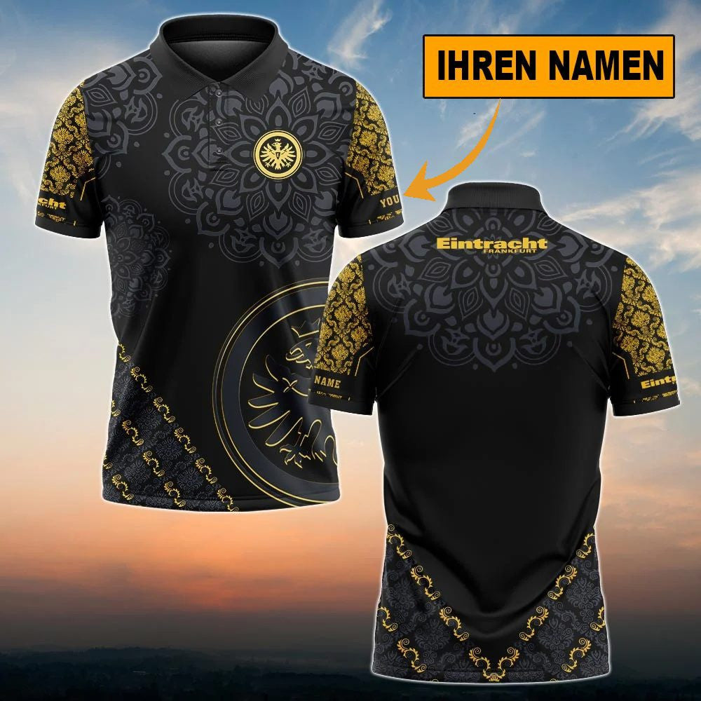 Eintracht Frankfurt Poloshirt Blumen Design Vollflächig Bedruckt mit individuellem Namen Schwarz