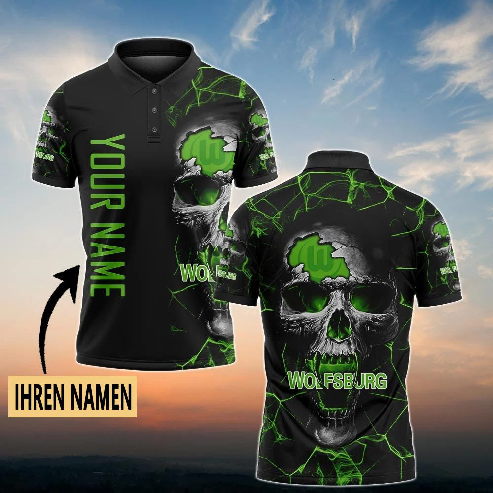 VfL Wolfsburg Poloshirt Schädel Design Vollflächig Bedruckt mit individuellem Namen Schwarz