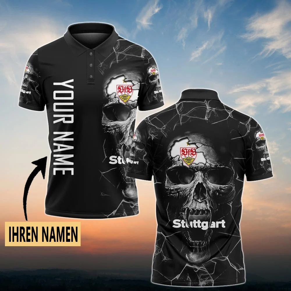 VfB Stuttgart Poloshirt Schädel Design mit individuellem Namen Vollflächig Bedruckt Schwarz