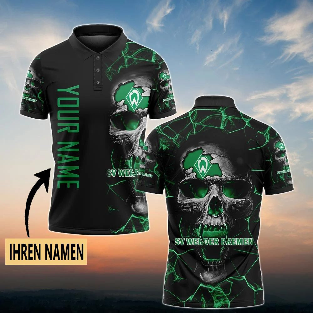 SV Werder Bremen Poloshirt Schädel Design mit individuellem Namen Vollflächig Bedruckt Schwarz