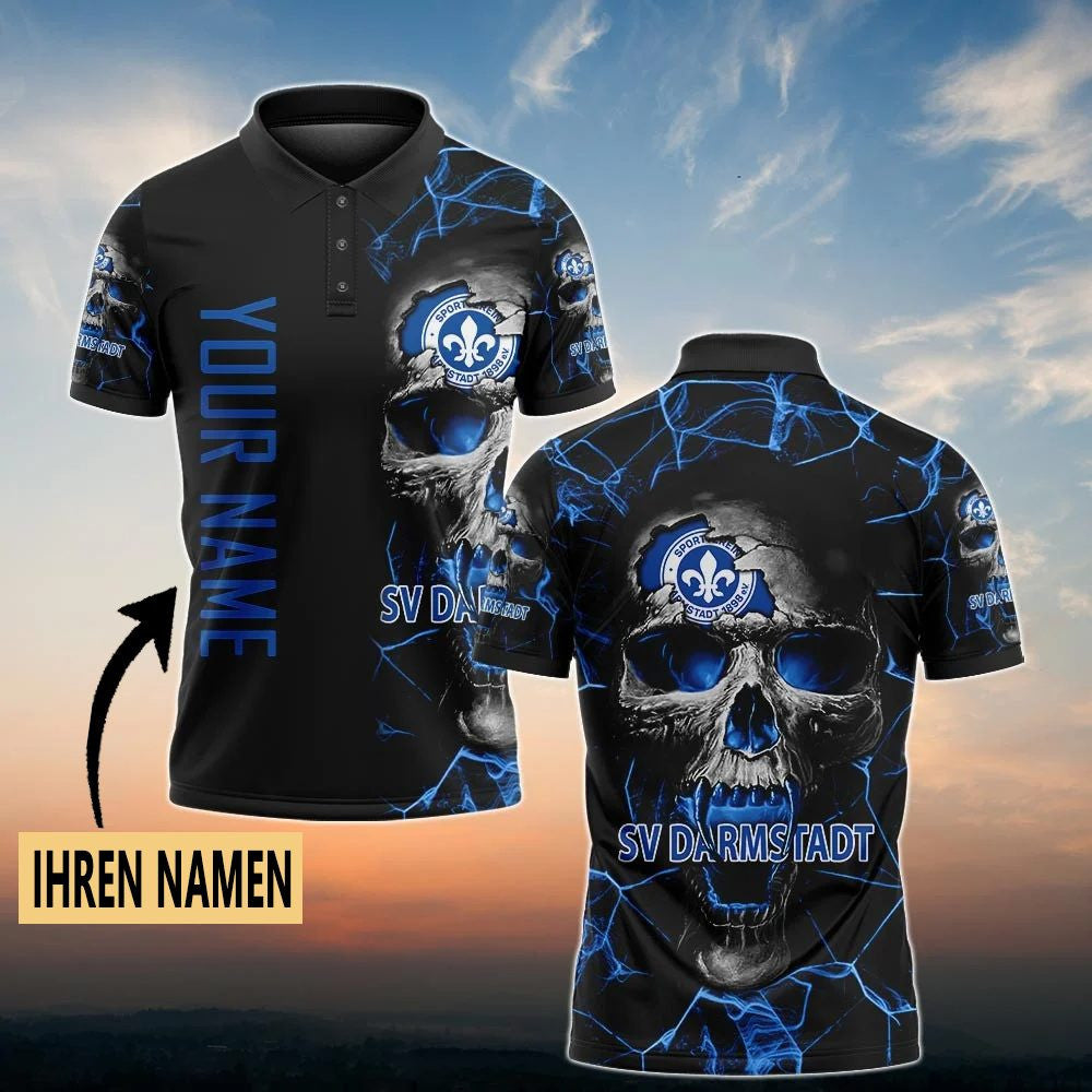 SV Darmstadt 98 Poloshirt Schädel Design mit individuellem Namen Vollflächig Bedruckt Schwarz