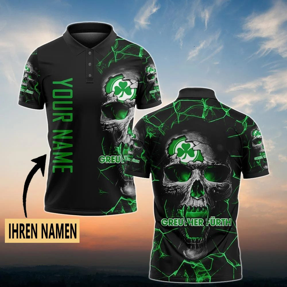 SpVgg Greuther Fürth Poloshirt Schädel Design mit individuellem Namen Vollflächig Bedruckt Schwarz