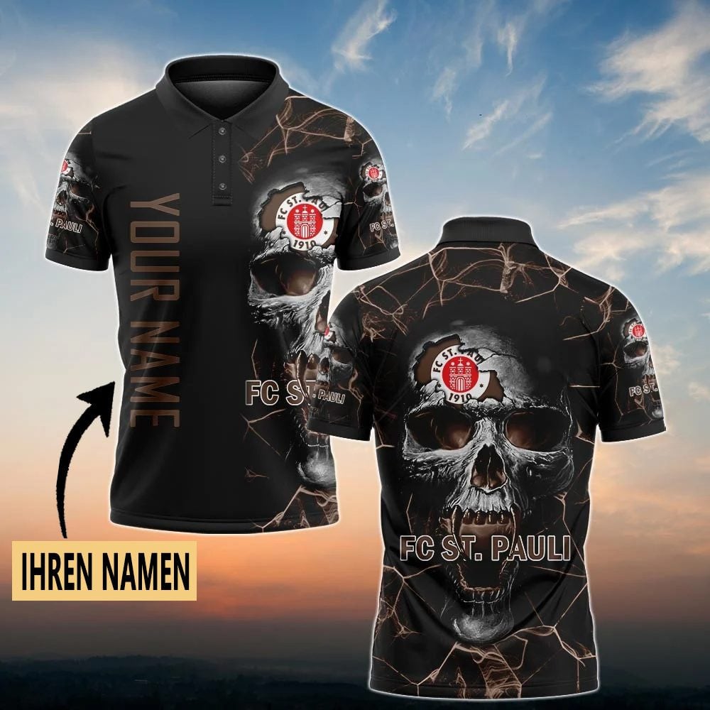 FC St. Pauli Poloshirt Schädel Design mit individuellem Namen Vollflächig Bedruckt Schwarz