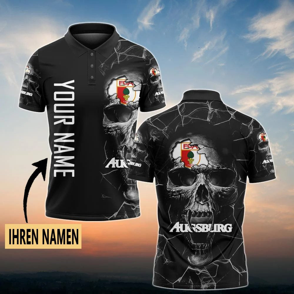 FC Augsburg Poloshirt Schädel Design mit individuellem Namen Vollflächig Bedruckt Schwarz