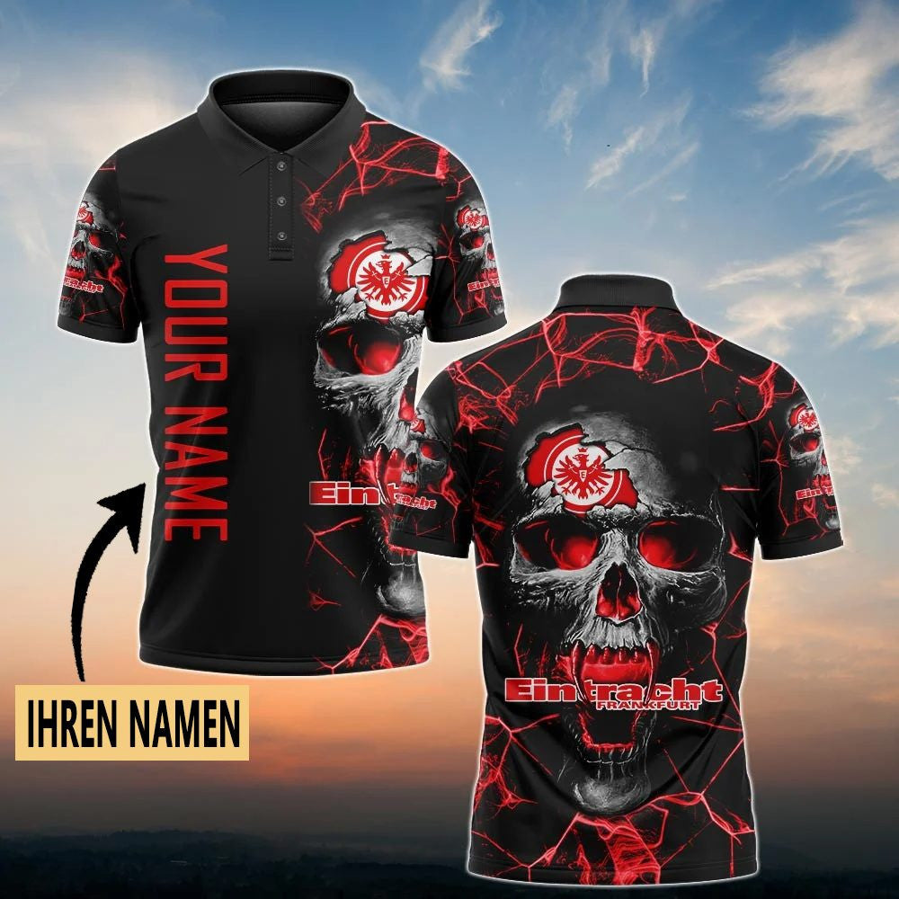 Eintracht Frankfurt Poloshirt Schädel Design mit individuellem Namen Vollflächig Bedruckt Schwarz