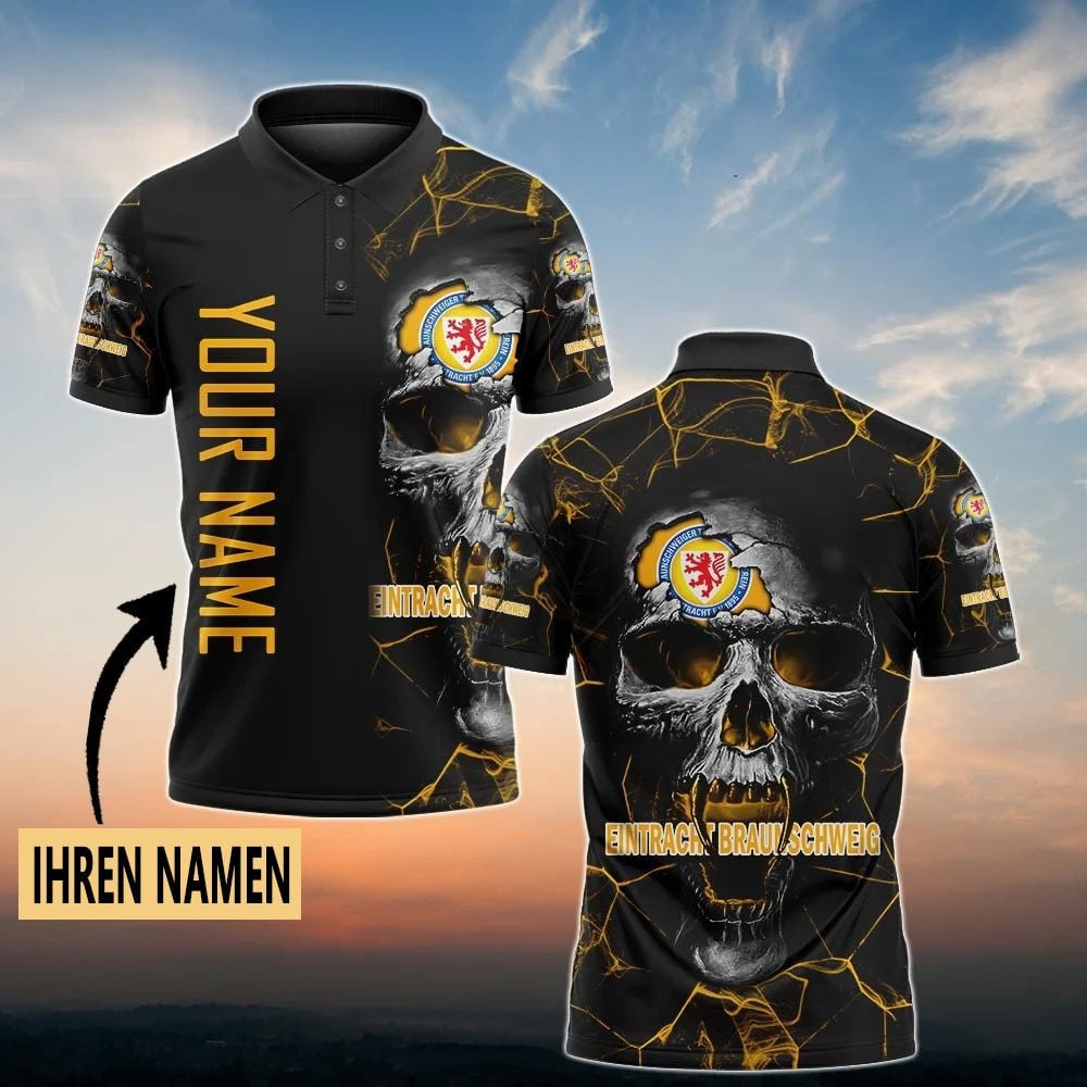 Eintracht Braunschweig Poloshirt Schädel Design Vollflächig Bedruckt mit individuellem Namen Schwarz