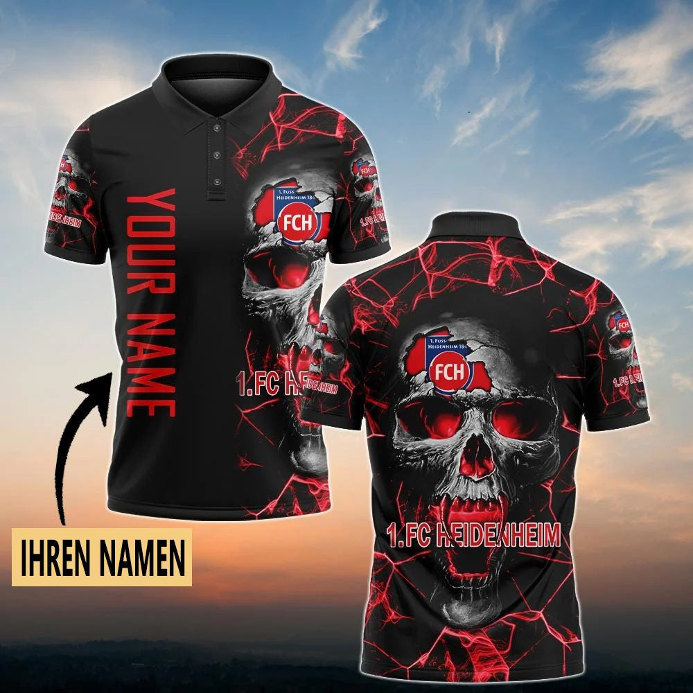 FC Heidenheim Poloshirt Schädel Design mit individuellem Namen Vollflächig Bedruckt Schwarz