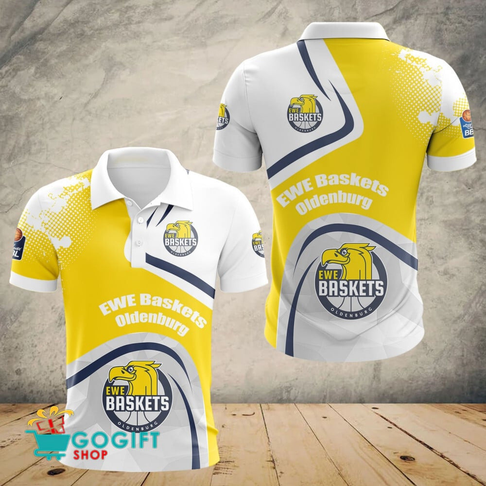 EWE Baskets Oldenburg Poloshirt Schulter Farbspritzer Design Teamfarben