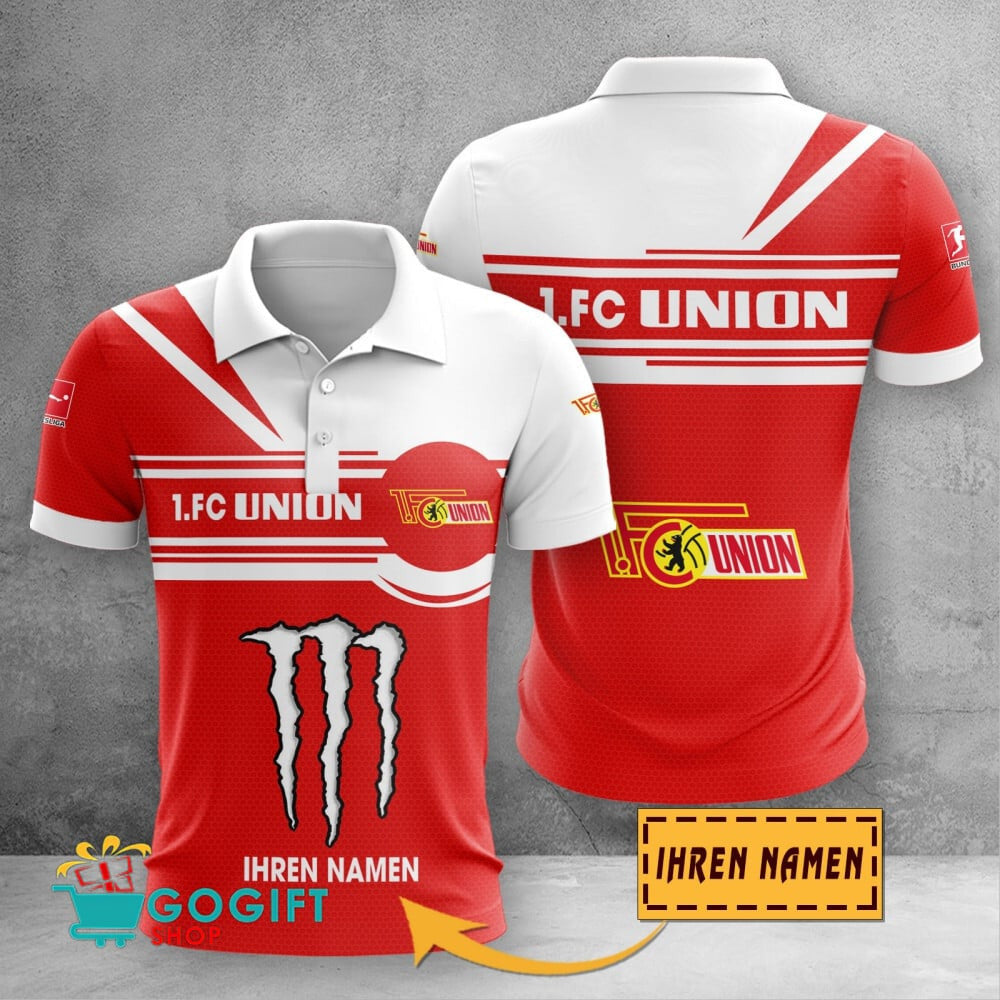FC Union Berlin Poloshirt mit individuellem Namen Zusammenarbeit mit Monster Energy