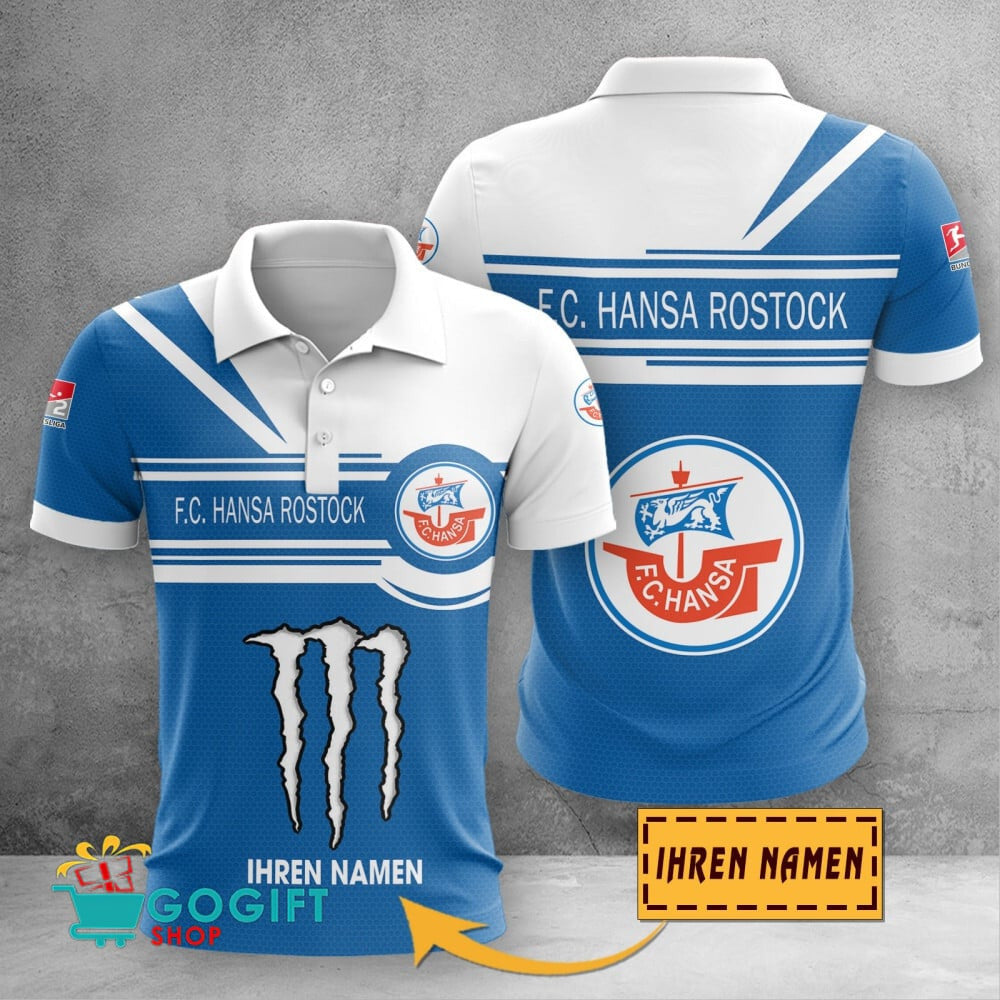 FC Hansa Rostock Poloshirt mit individuellem Namen Zusammenarbeit mit Monster Energy