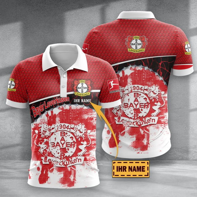 Bayer 04 Leverkusen Poloshirt mit individuellem Namen Hexagon Schuppen Design